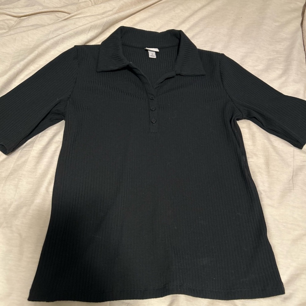 Black Ribbed Polo with Buttons